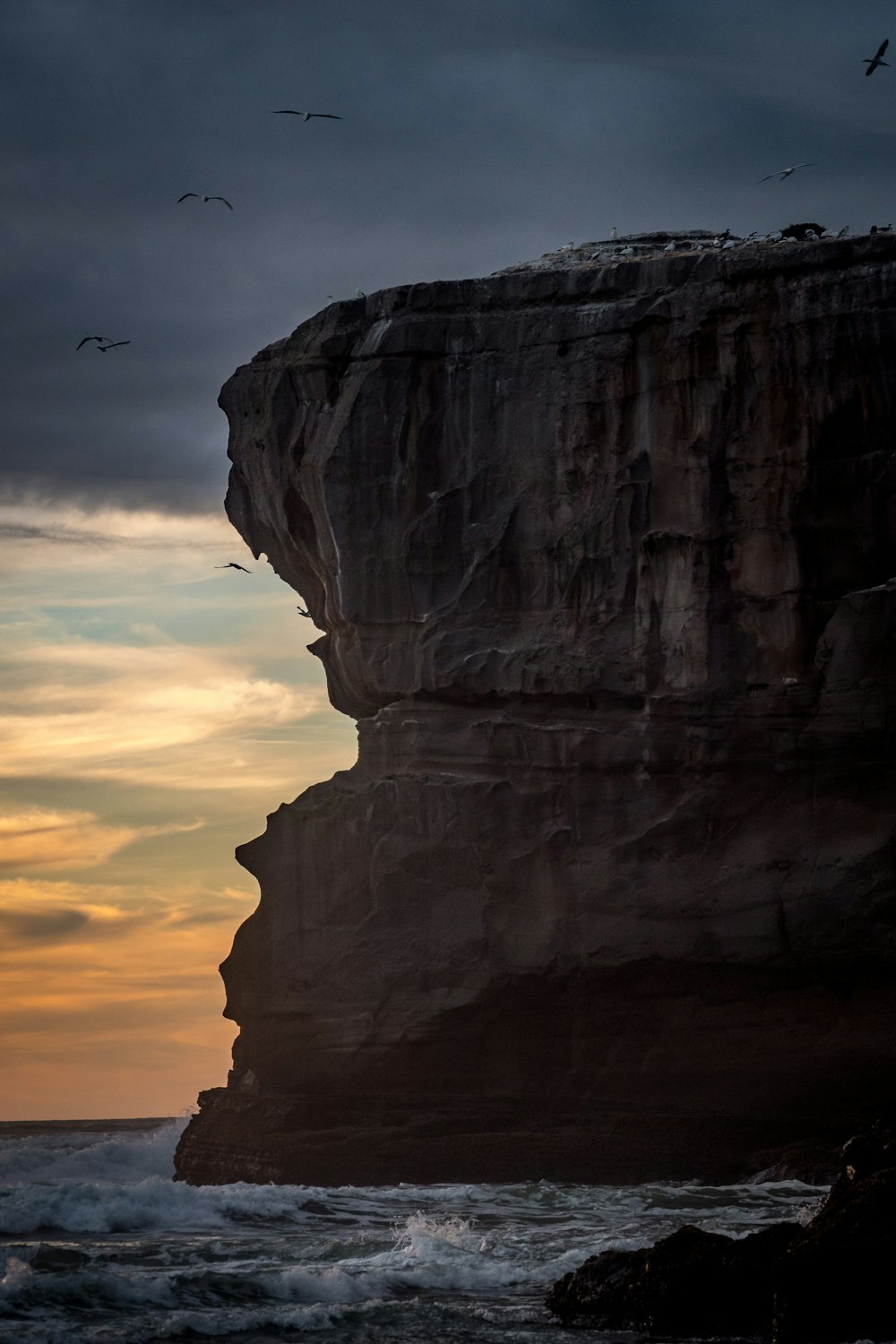 birds flying over the ocean near a large cliff