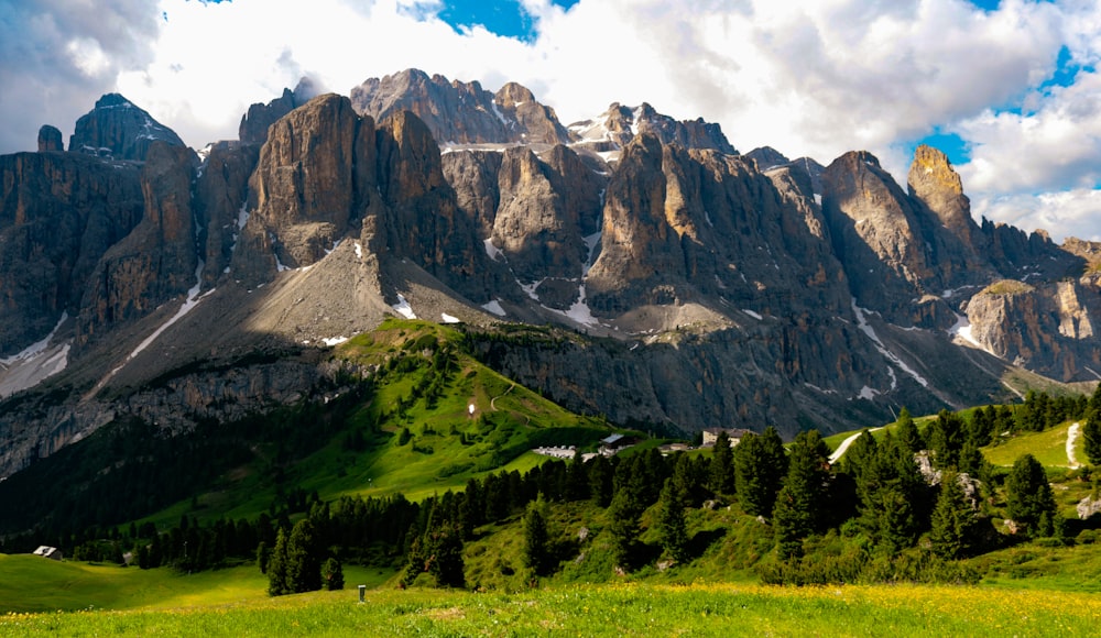 a mountain range covered in snow and green grass