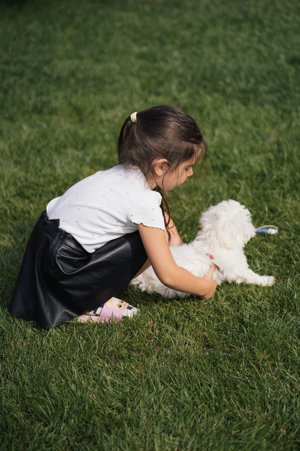 a little girl playing with a white dog in the grass