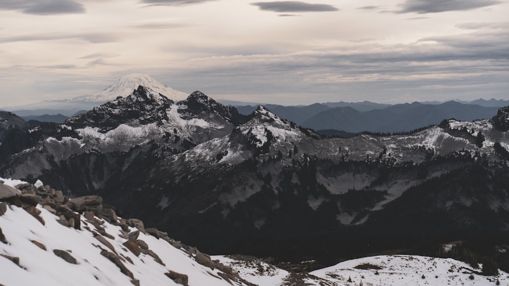 a view of a mountain range covered in snow