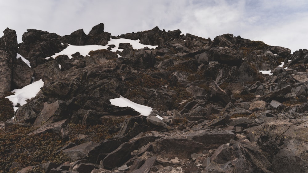 a mountain covered in snow and rocks under a cloudy sky