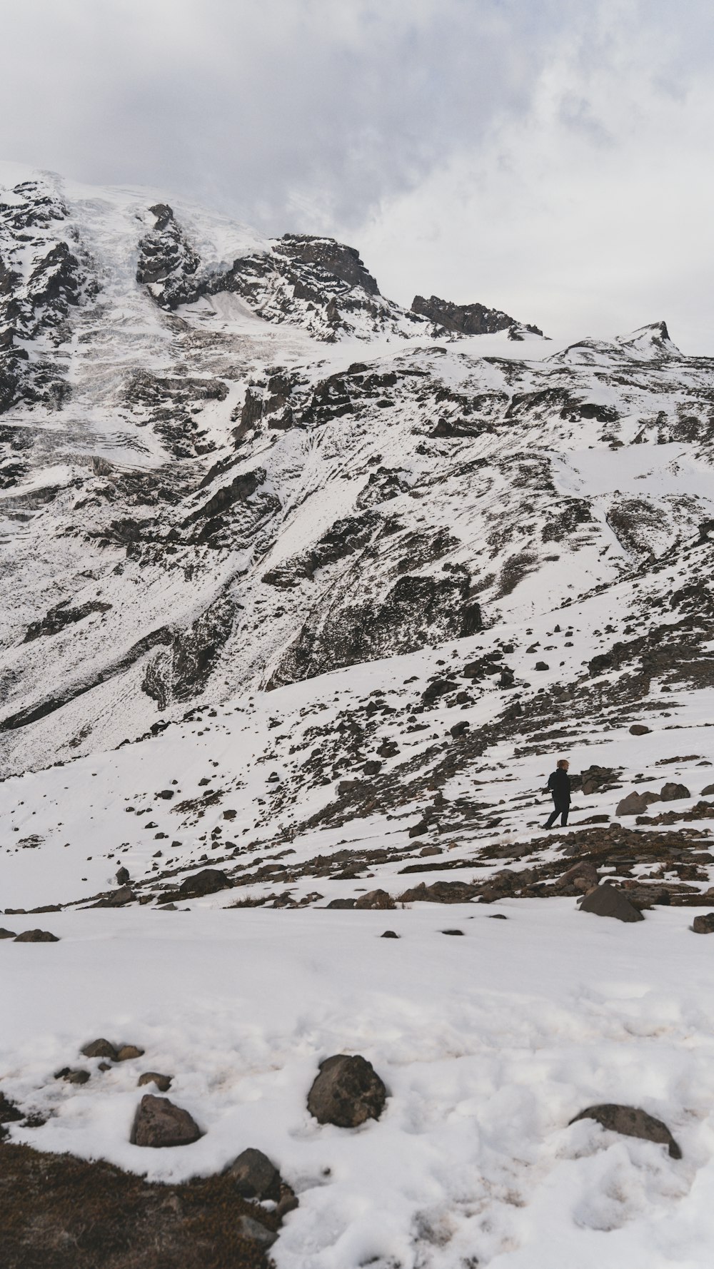 a person standing on top of a snow covered mountain