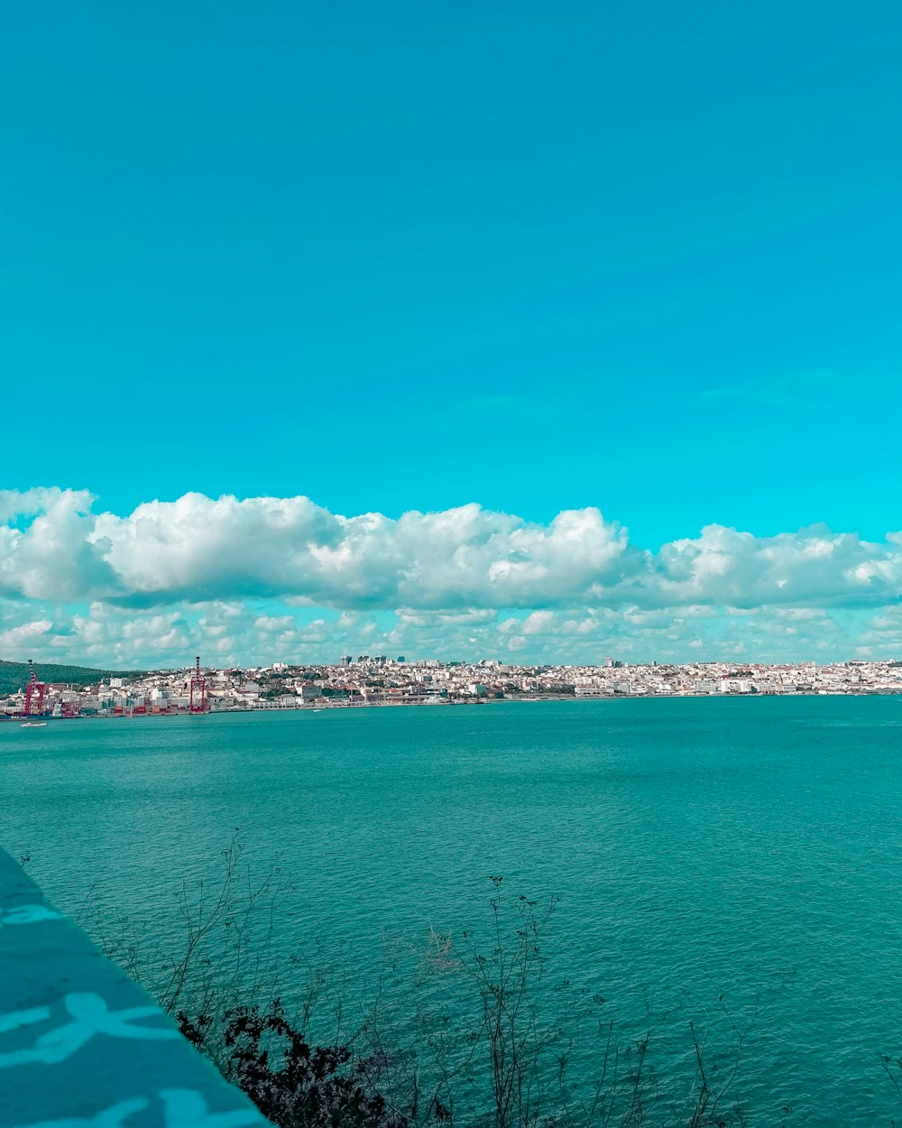 a body of water with a city in the background