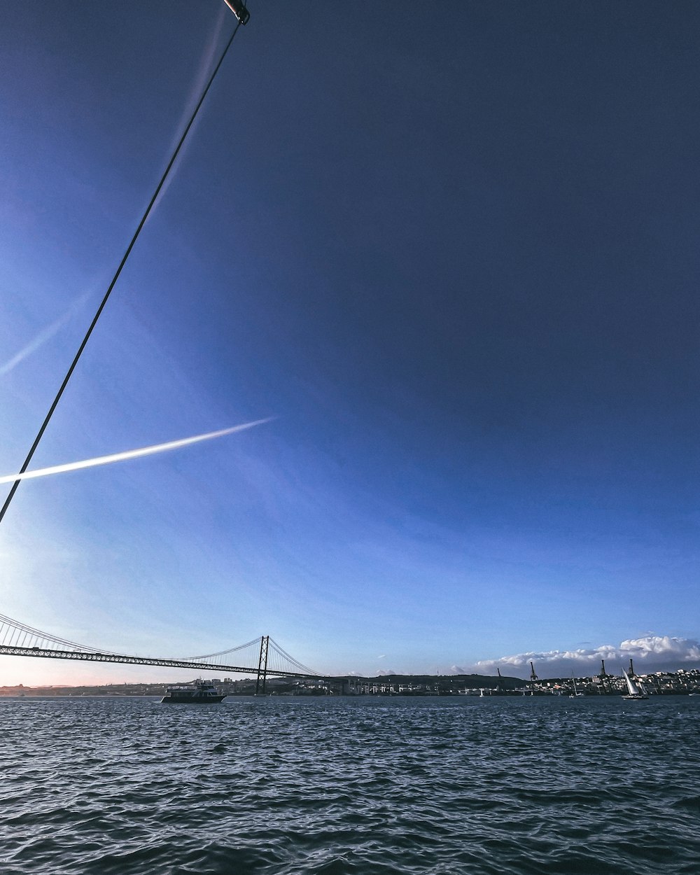 a view of a bridge from a boat on the water