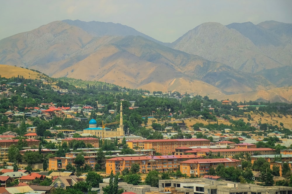 a view of a city with mountains in the background