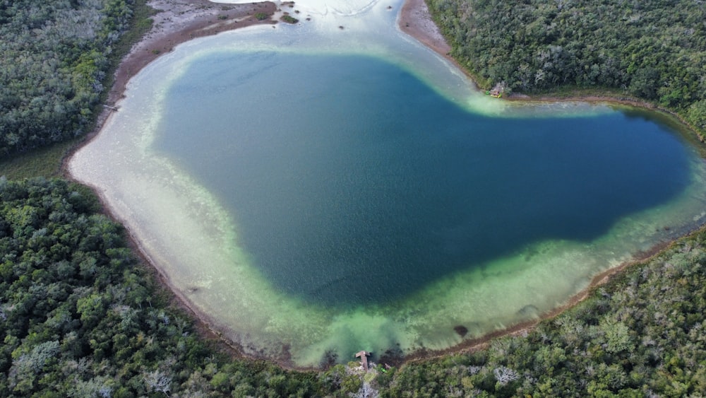 an aerial view of a lake surrounded by trees