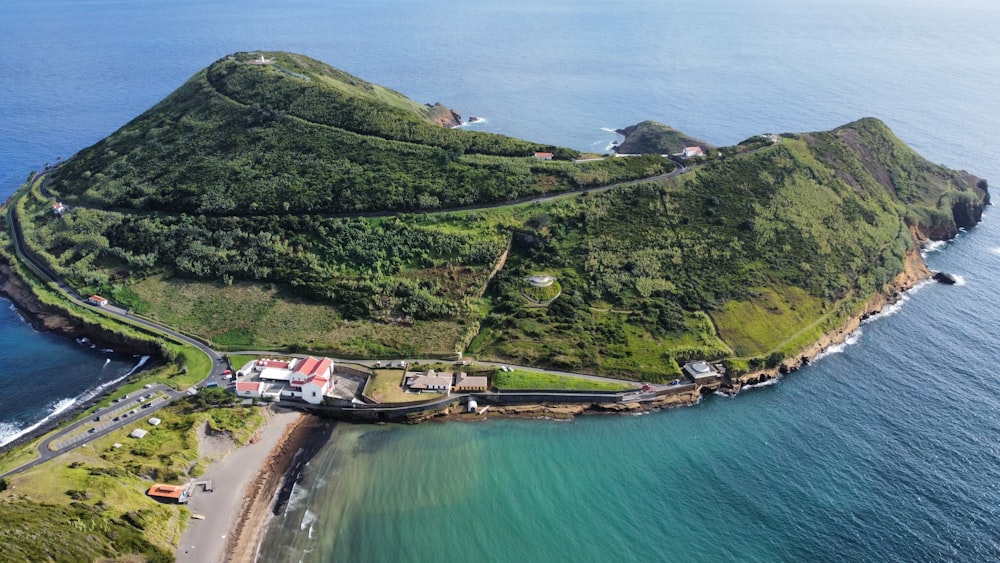 an aerial view of an island in the ocean