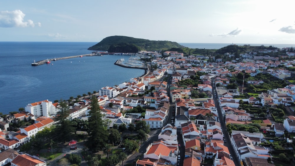 an aerial view of a city by the ocean