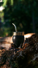 a black pot with a metal straw sticking out of it