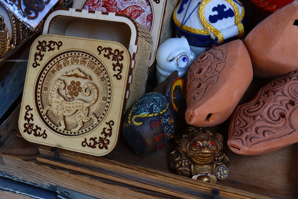 a wooden box filled with lots of different types of items