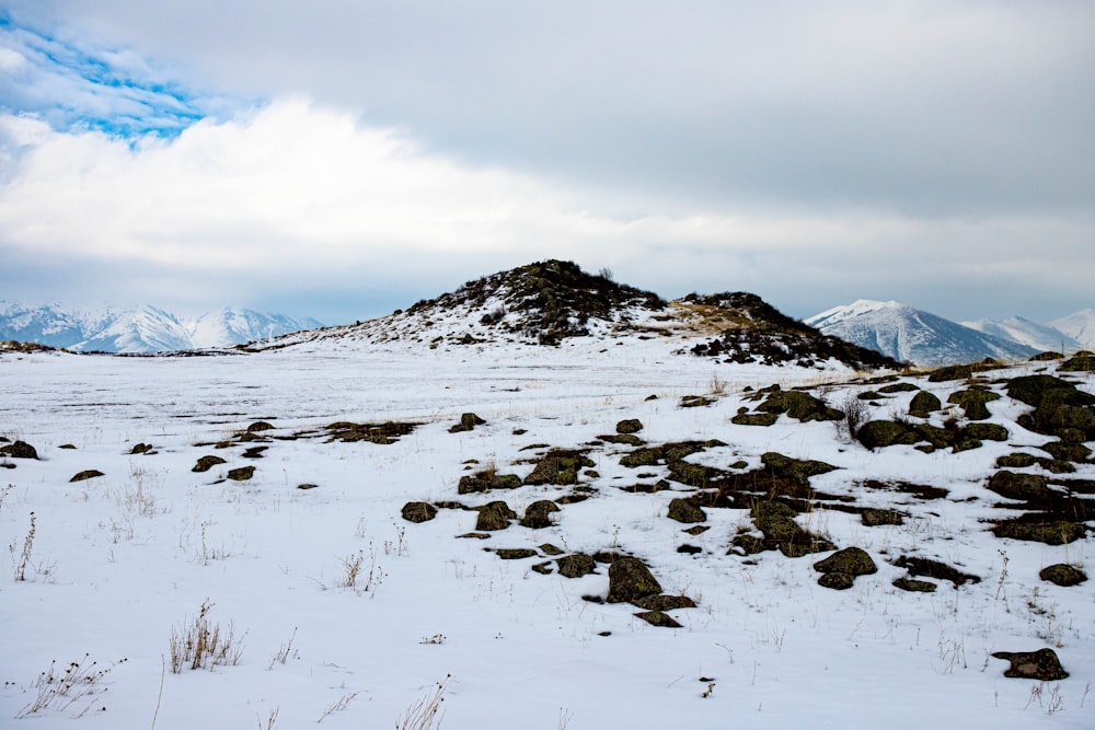 a snow covered field with a mountain in the background