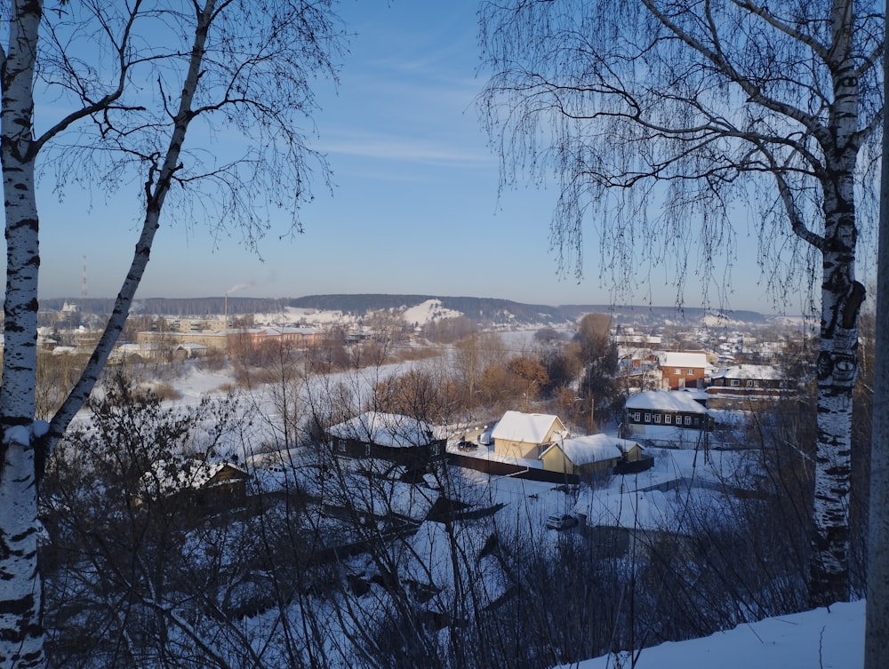 a view of a snowy village from a distance