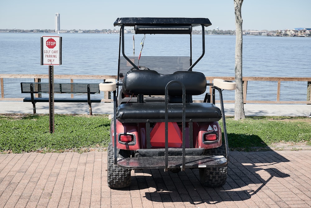 a golf cart parked on the side of the road