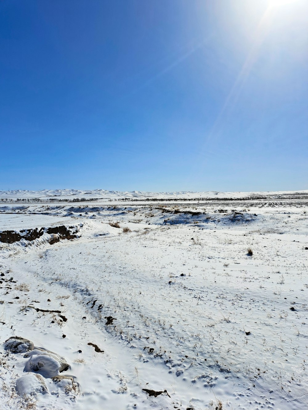 a snow covered field with a bright blue sky
