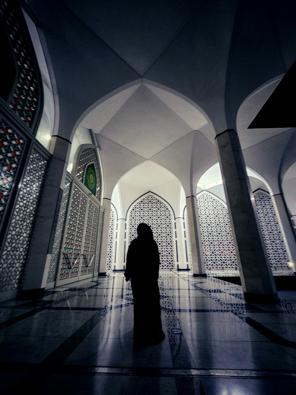 a person standing in a room with arches