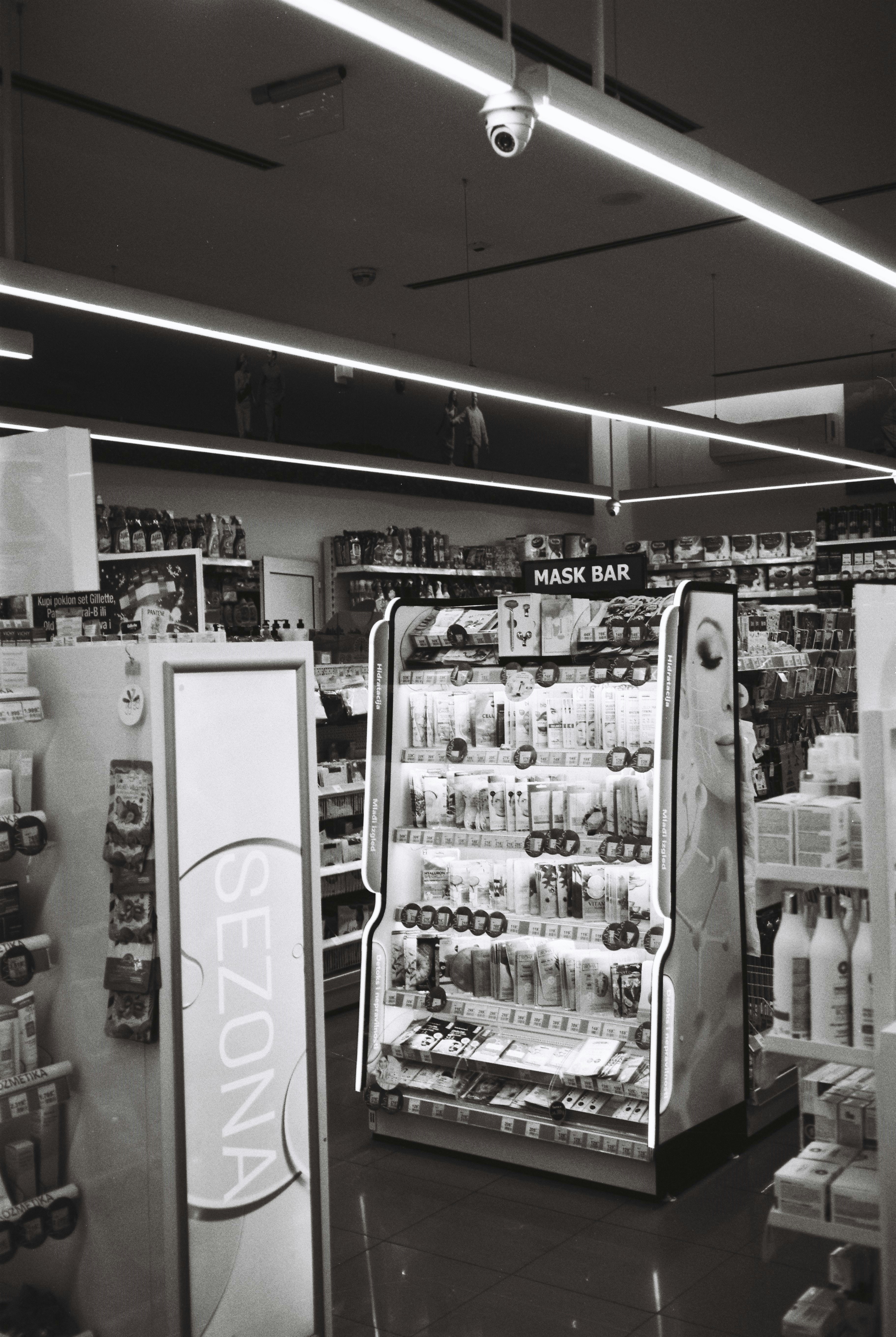 a black and white photo of a store