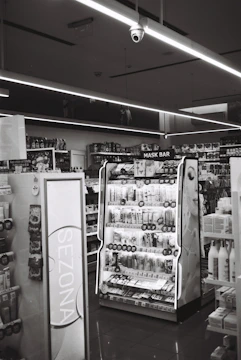 a black and white photo of a store