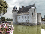a castle with a pond in front of it