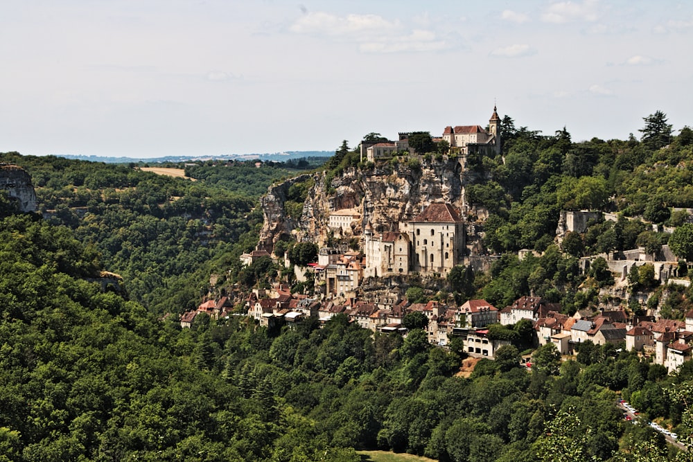 a village on a hill surrounded by trees