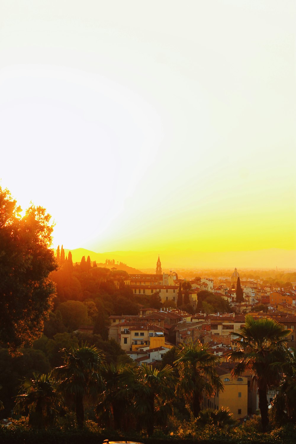 the sun is setting over a city with palm trees