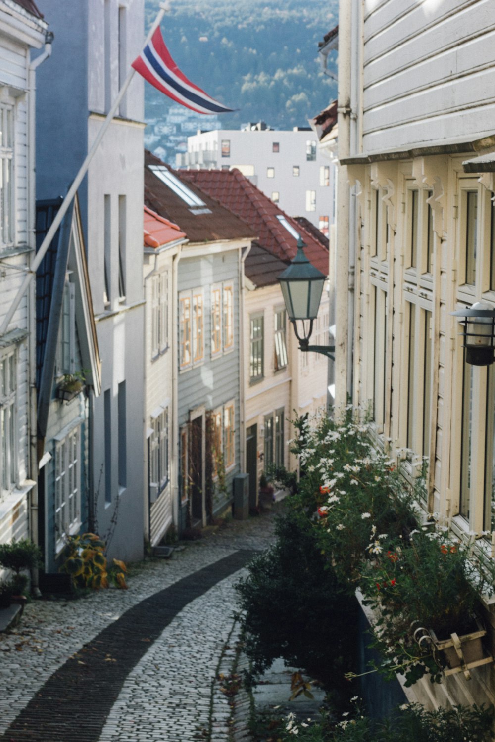 a cobblestone street in a small town