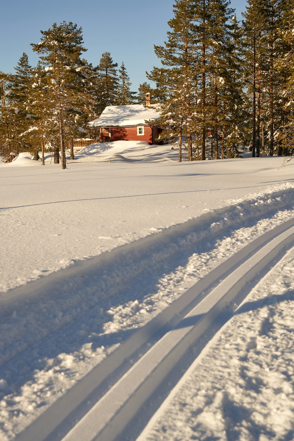 a person riding skis down a snow covered slope