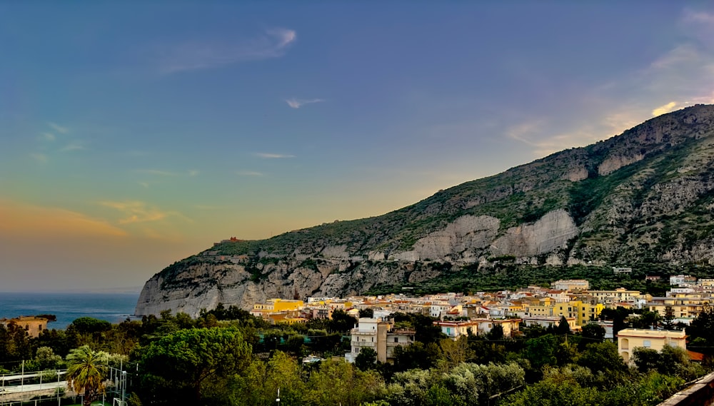 a view of a city with a mountain in the background