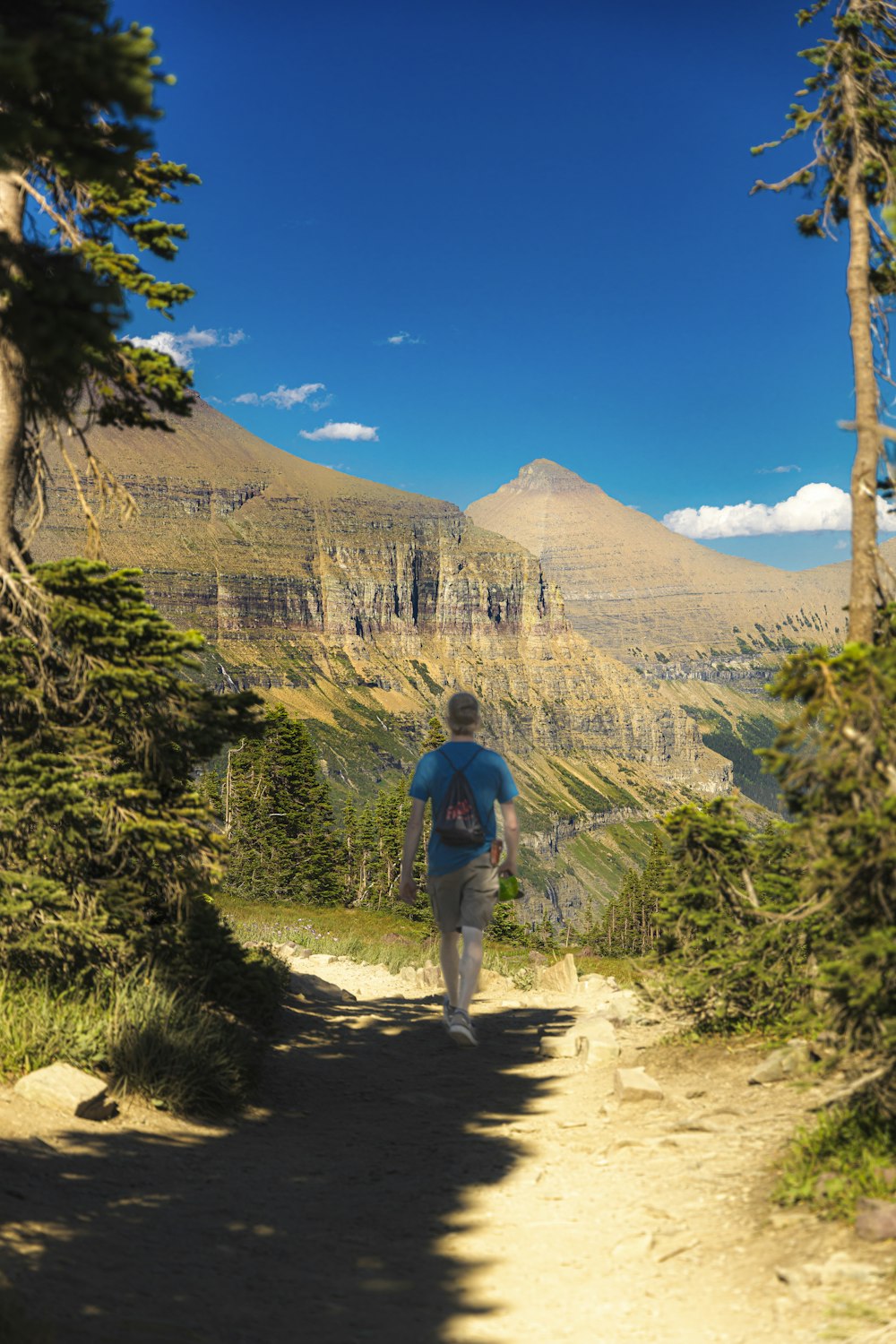 a man is walking down a trail in the mountains