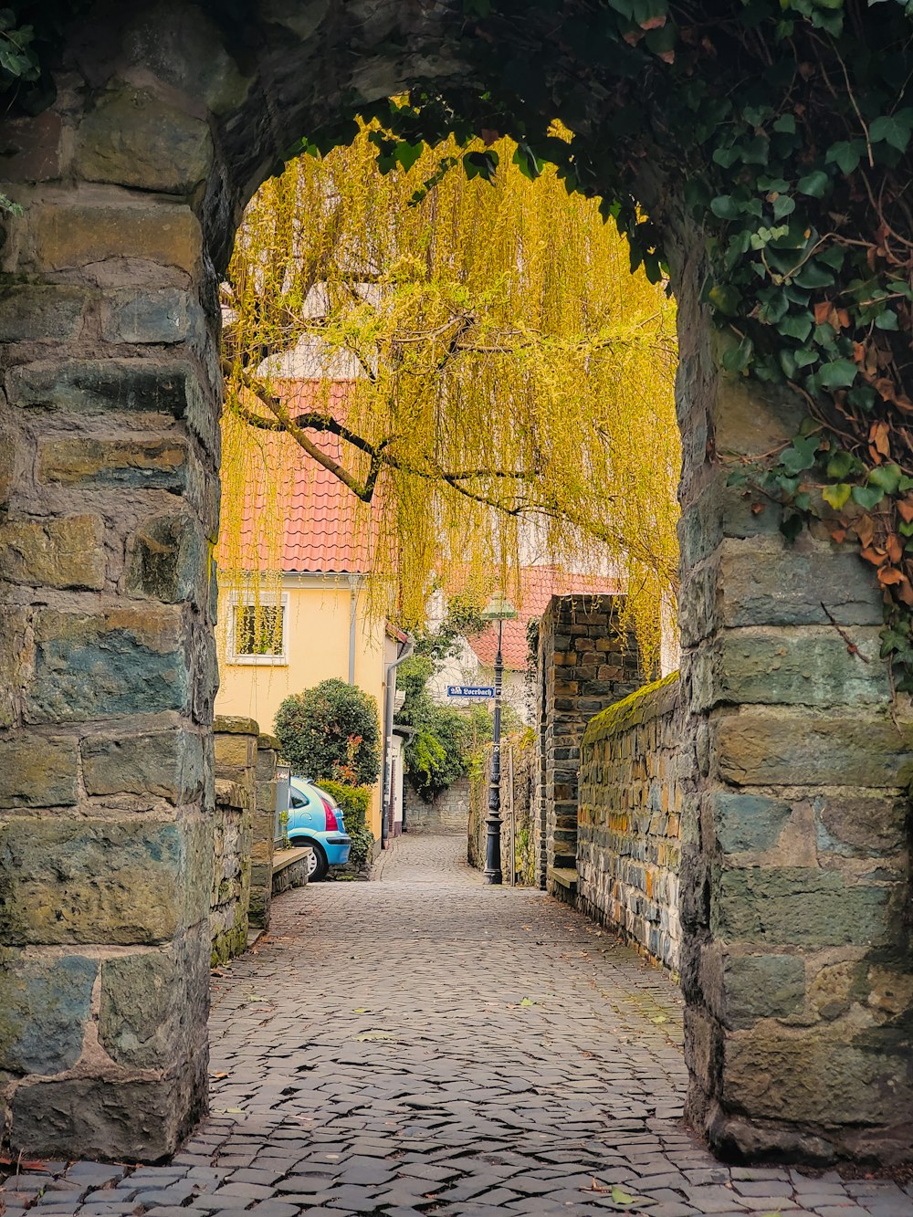 a cobblestone road with a stone archway leading to a house