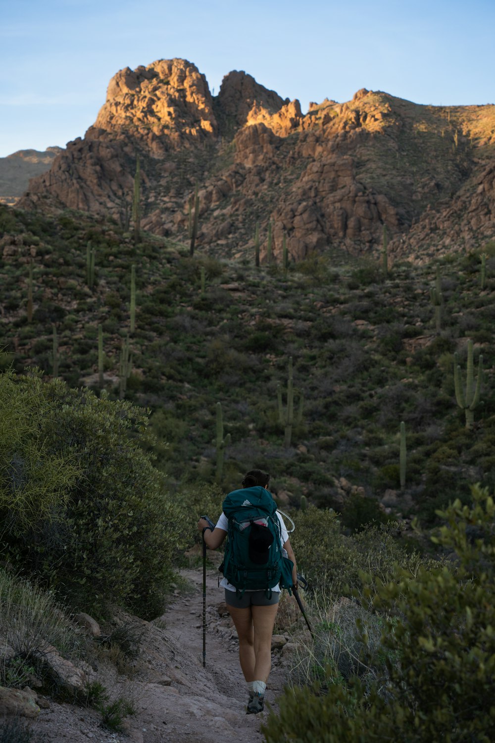 a woman hiking up a trail in the mountains