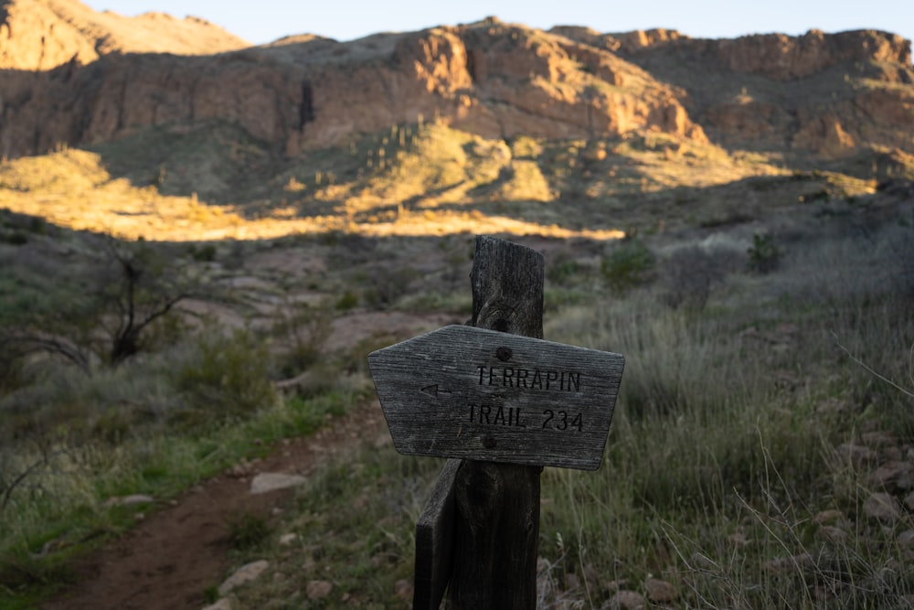 a wooden sign sitting on the side of a dirt road