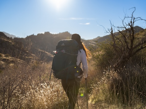 a person with a backpack walking through a field