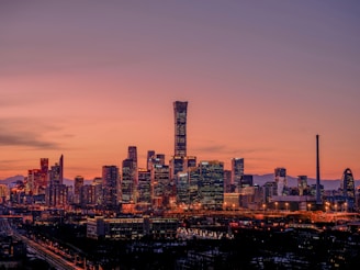 a view of a city skyline at sunset