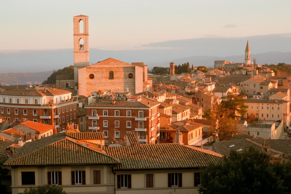 a view of a city with a clock tower