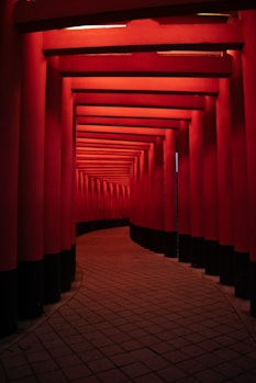 a tunnel of red lights in a building