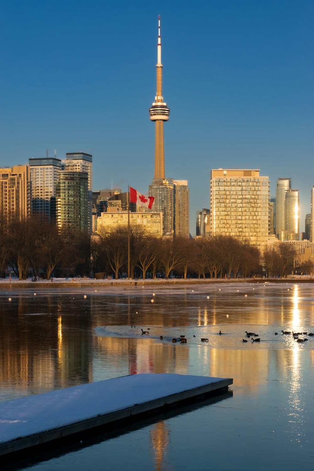 a city skyline with a lake in the foreground