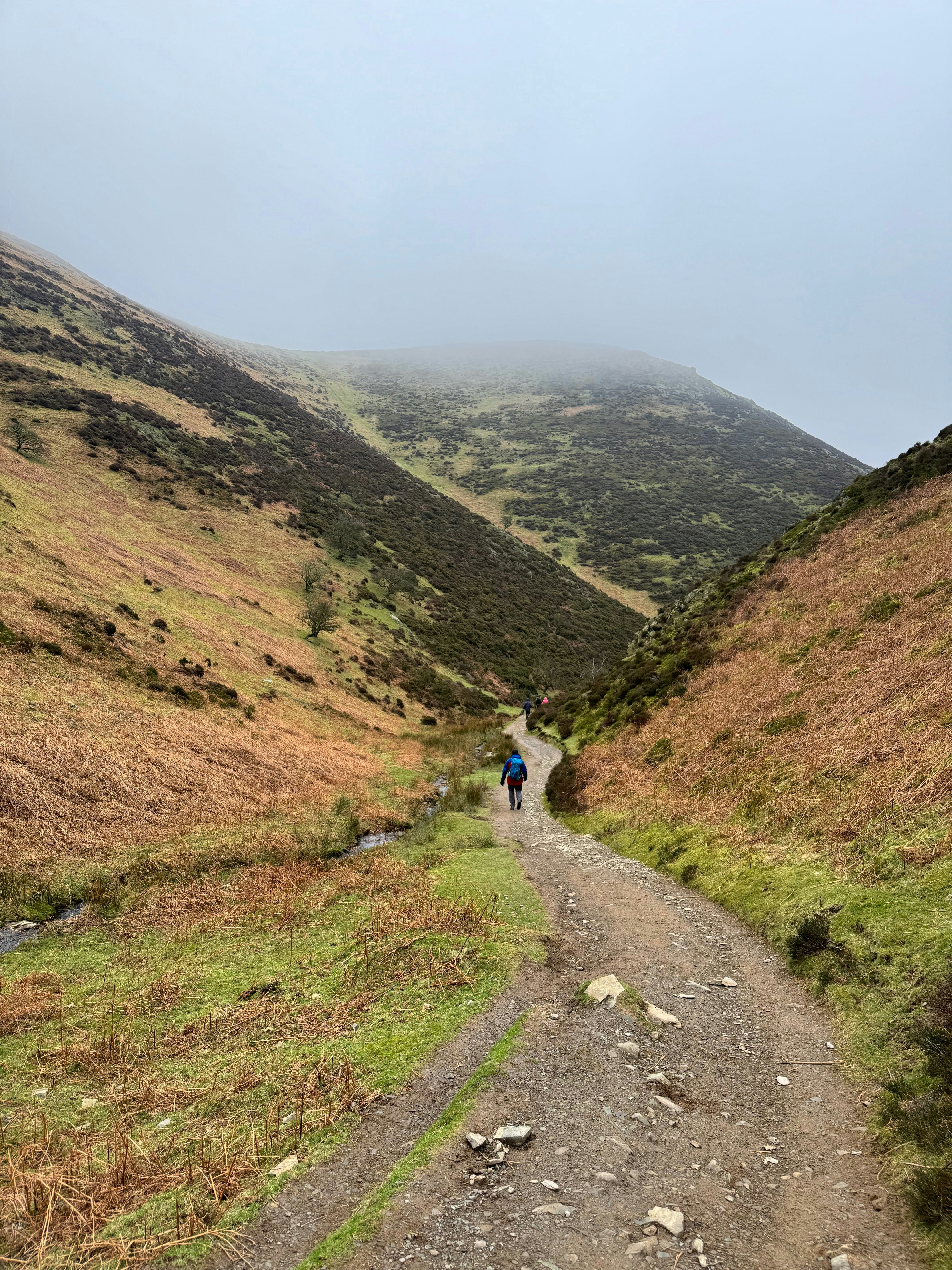a couple of people walking down a dirt road