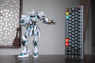 a robot that is standing next to a keyboard