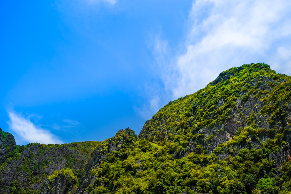 a mountain covered in green vegetation under a blue sky