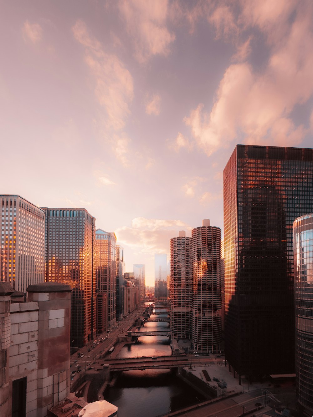 a view of a river running through a city