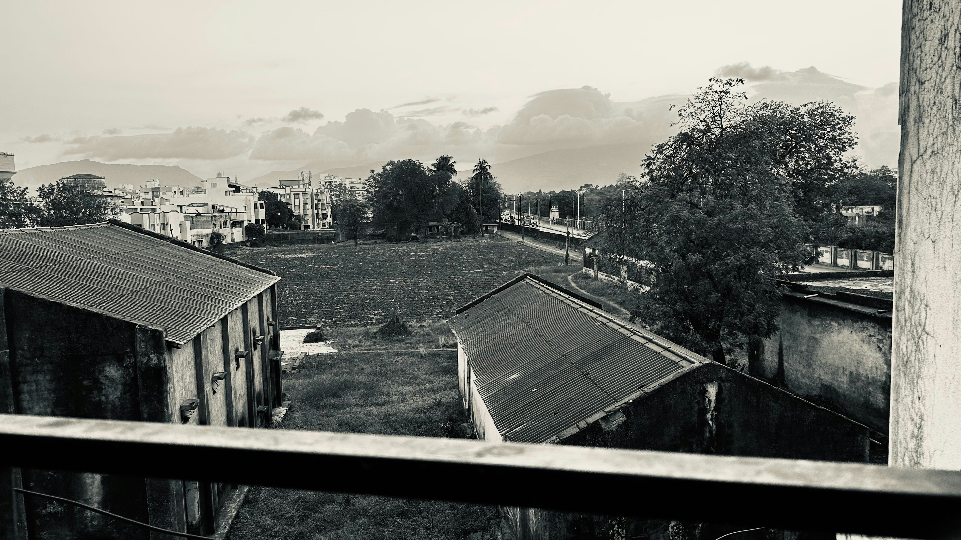 a black and white photo of a small town