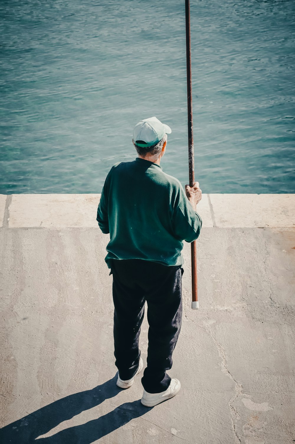 a man standing on a dock holding a pole