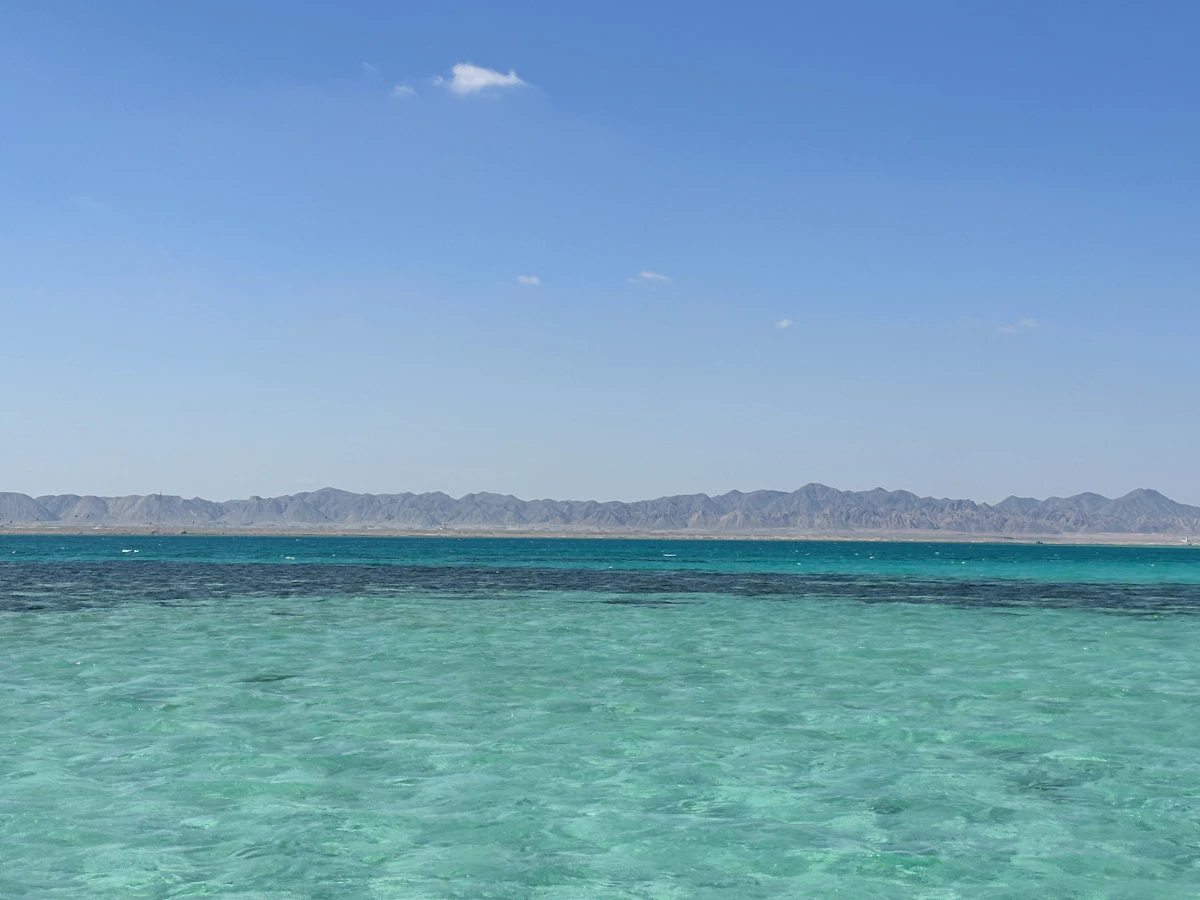 Calm turquoise water and hills along Egypt's Red Sea coast