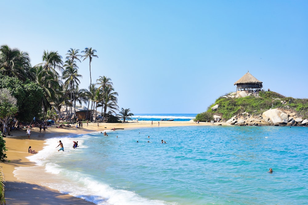 una playa de arena con gente nadando en el agua