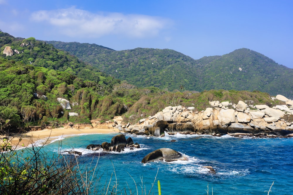 a beach with a rocky shore and a body of water