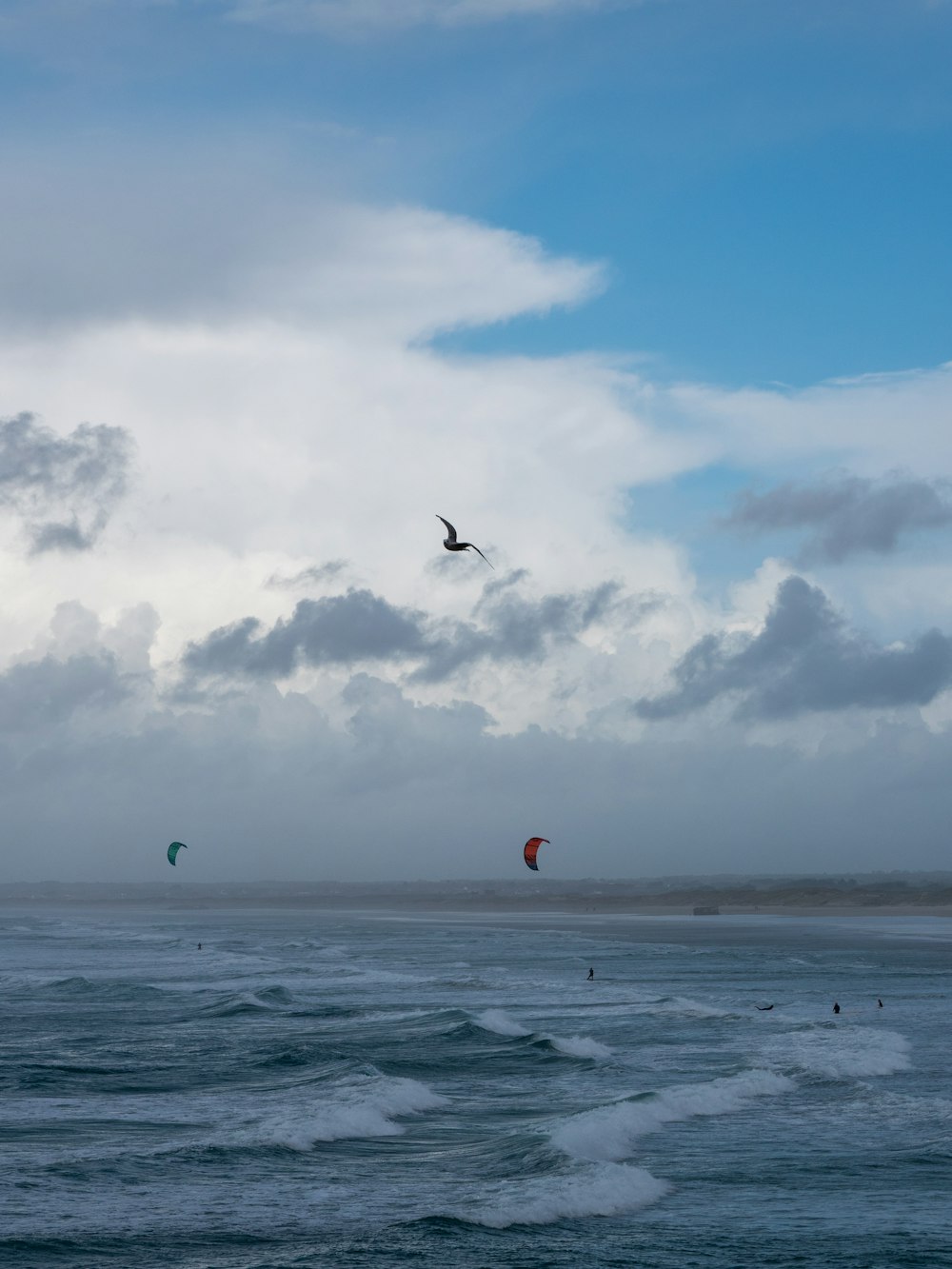 a group of kites flying over the ocean under a cloudy sky