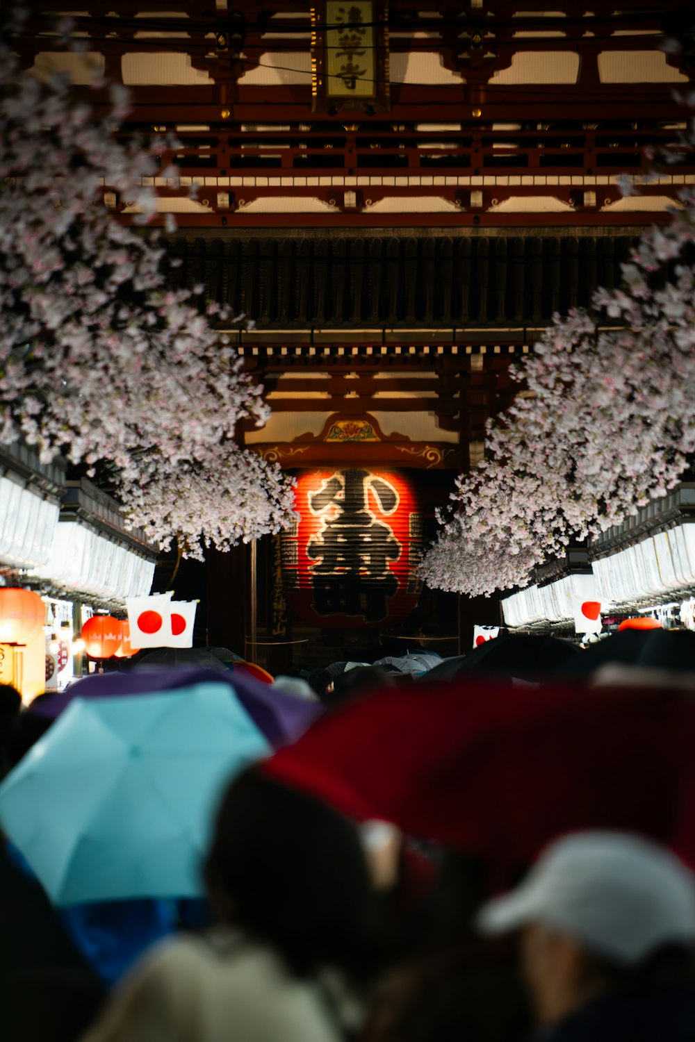 a group of people walking down a street under umbrellas