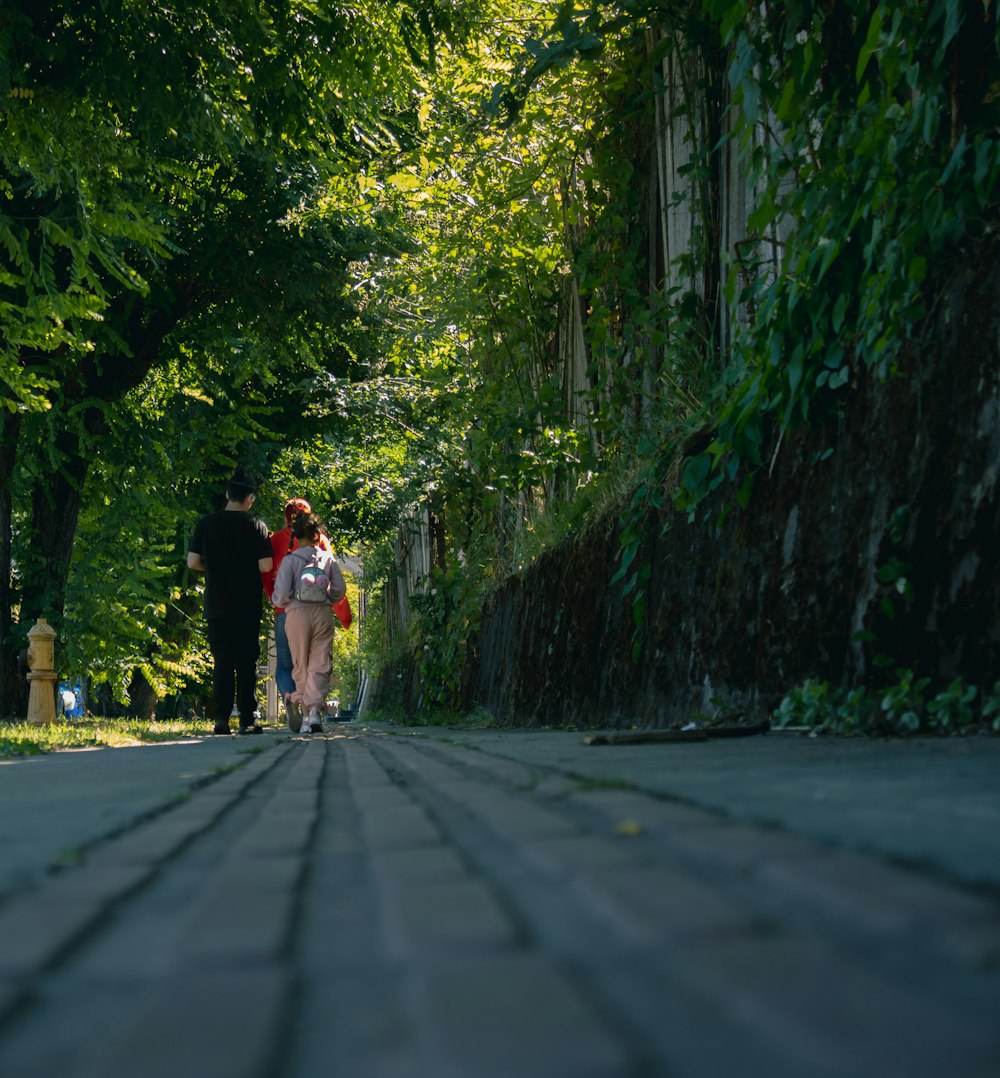 a group of people walking down a street next to trees