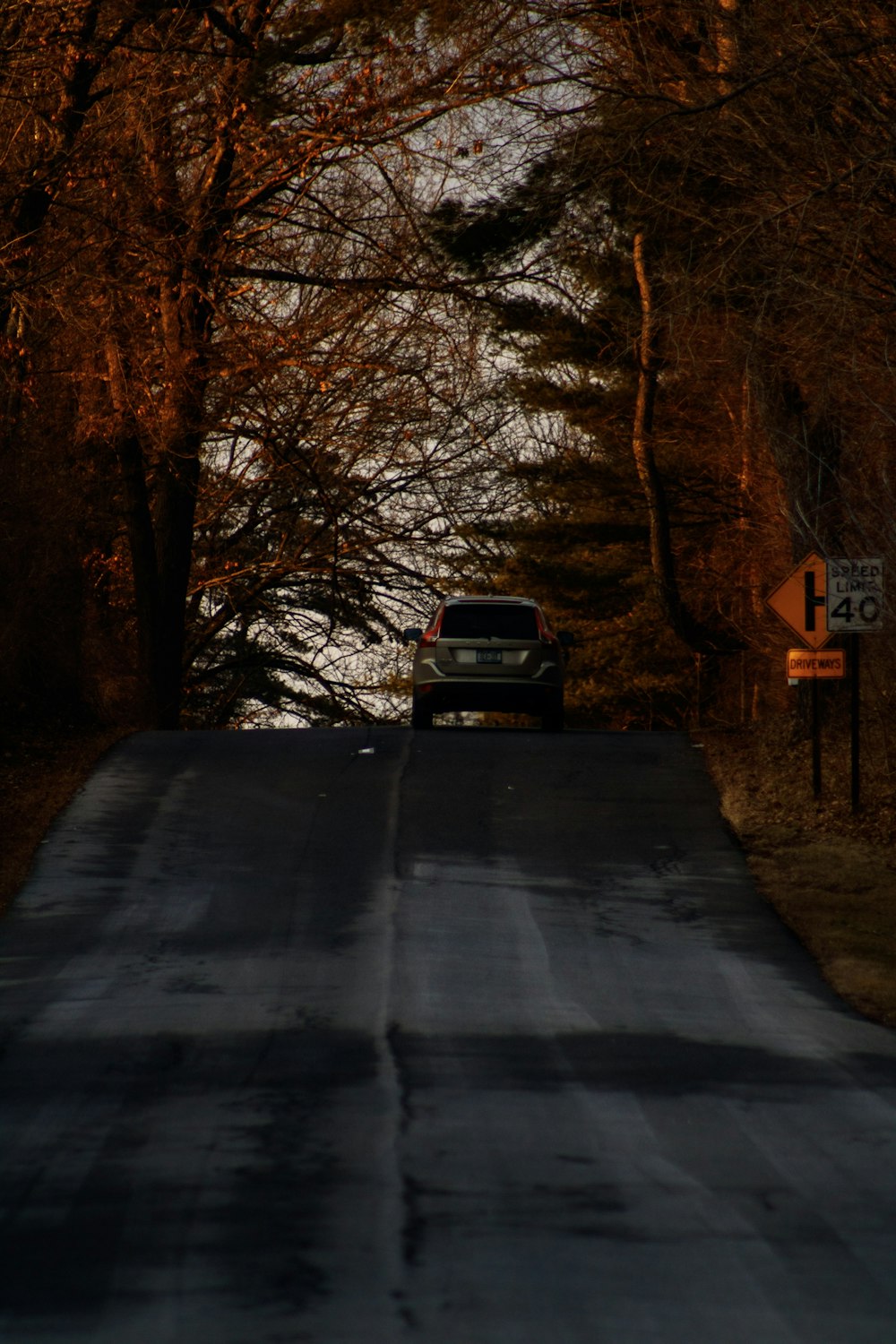 a car driving down a road next to trees