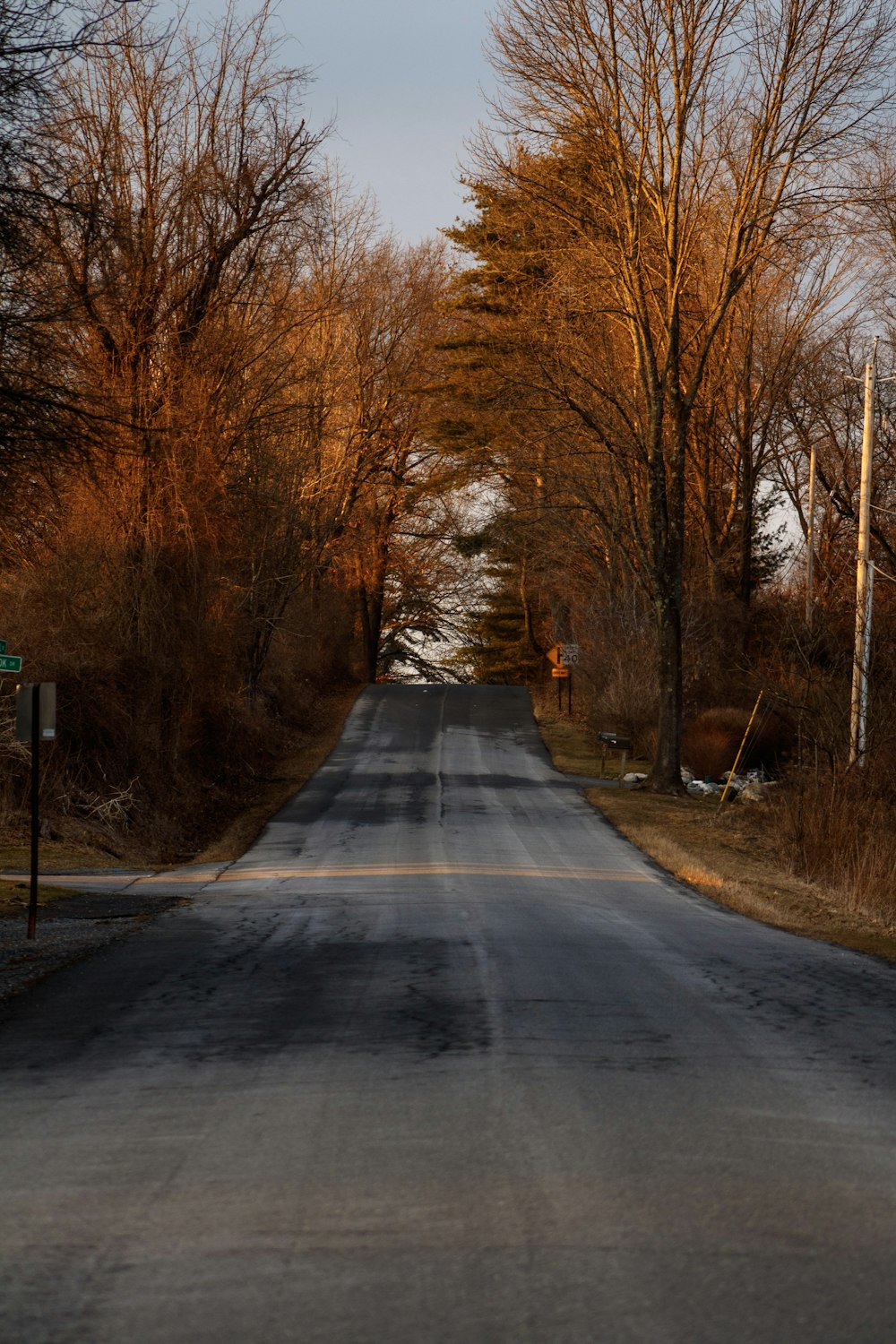 an empty road with a stop sign on the side of it